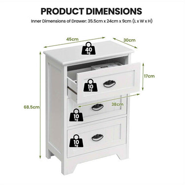 Side Table 3-Drawer Bedside Table Vintage Nightstand Bedroom Living Room Home White